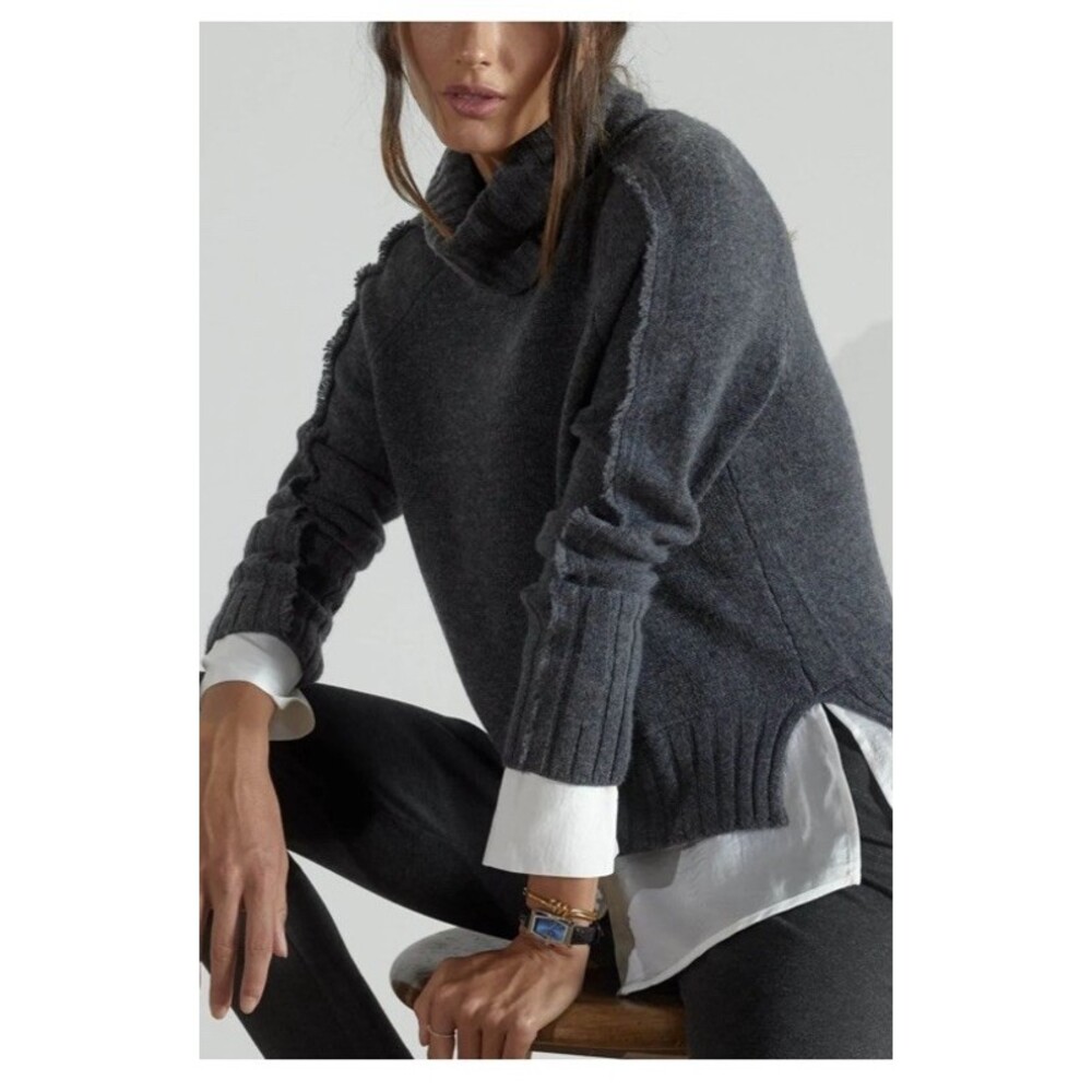 $428 Brochu Walker Jolie Fringe Layered Sweater Gray Wool Cashmere Turtleneck L - Picture 3 of 8